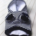 Front view of navy and white striped sailor dog hoodie showing leg openings and soft inner lining.