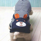 mall dog wearing navy and white striped sailor dog hoodie, bunny pocket centered on the back