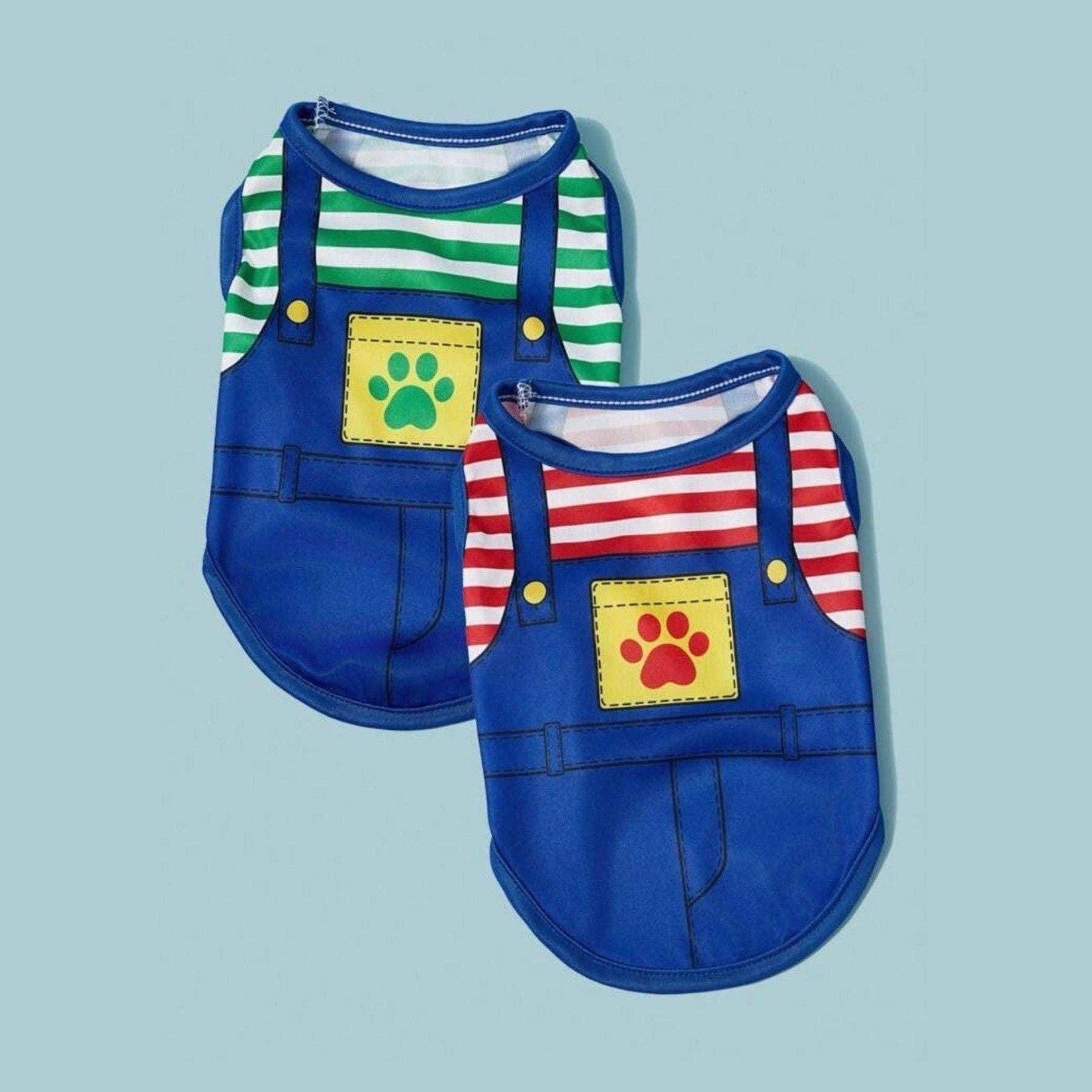 2-Pack Cartoon Dog Shirts with red and green striped overalls design and paw print patches for small and medium dogs