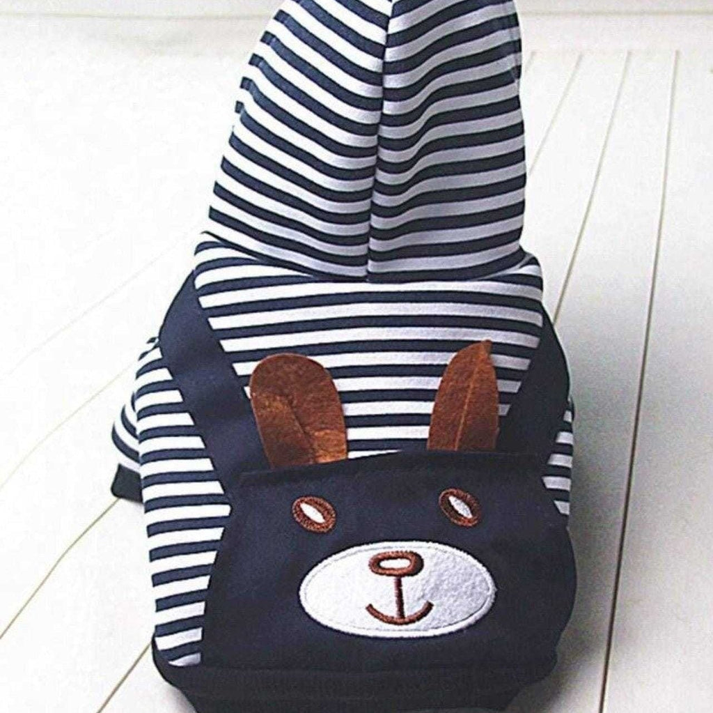Back view of navy and white striped sailor dog hoodie with hood and bunny face pocket.