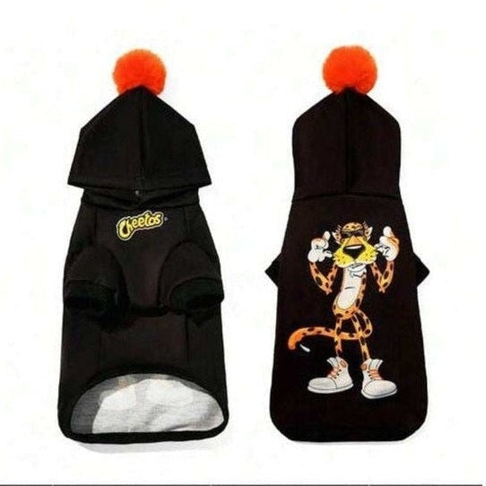 Multiple views of Orange Pom Dog Hoodie for small, medium and large dogs on white background.