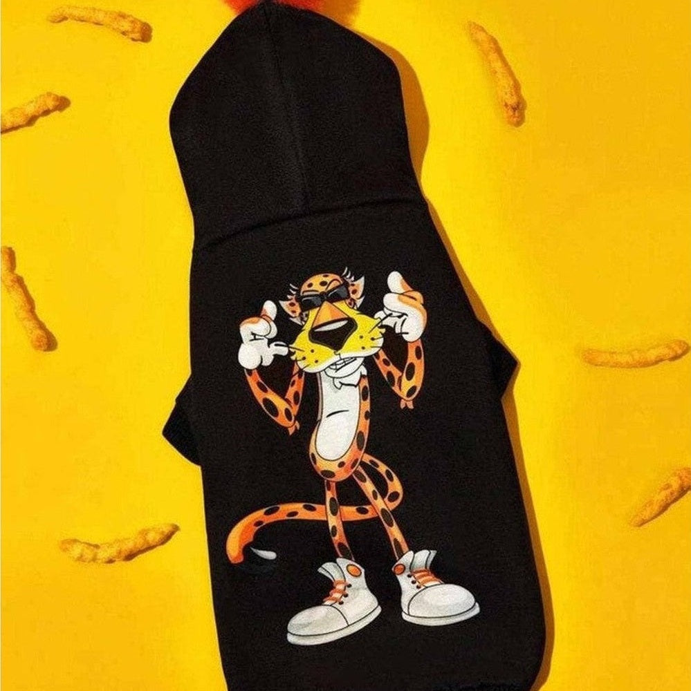 Orange Pom Dog Hoodie on yellow background showing front view and cartoon design.