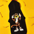 Orange Pom Dog Hoodie on yellow background showing front view and cartoon design.