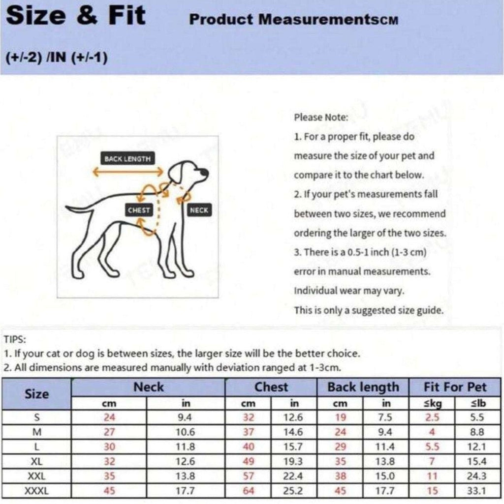 Size chart for sailor dog hoodie showing neck, chest and back length measurements for pet sizes.