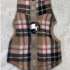 Close-up of zipper and padded plaid fabric on dog harness jacket