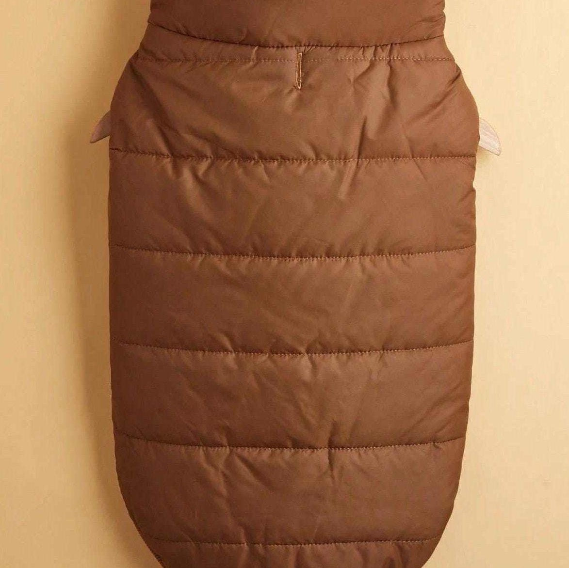 Back view of brown quilted dog winter vest for small dogs