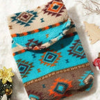 Flat lay of Aztec Fleece Dog Hoodie showing turquoise and brown tribal pattern.