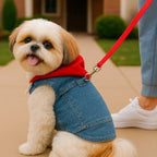 Small dog wearing denim dog hoodie with built-in D-ring harness and red hood on leash outdoors