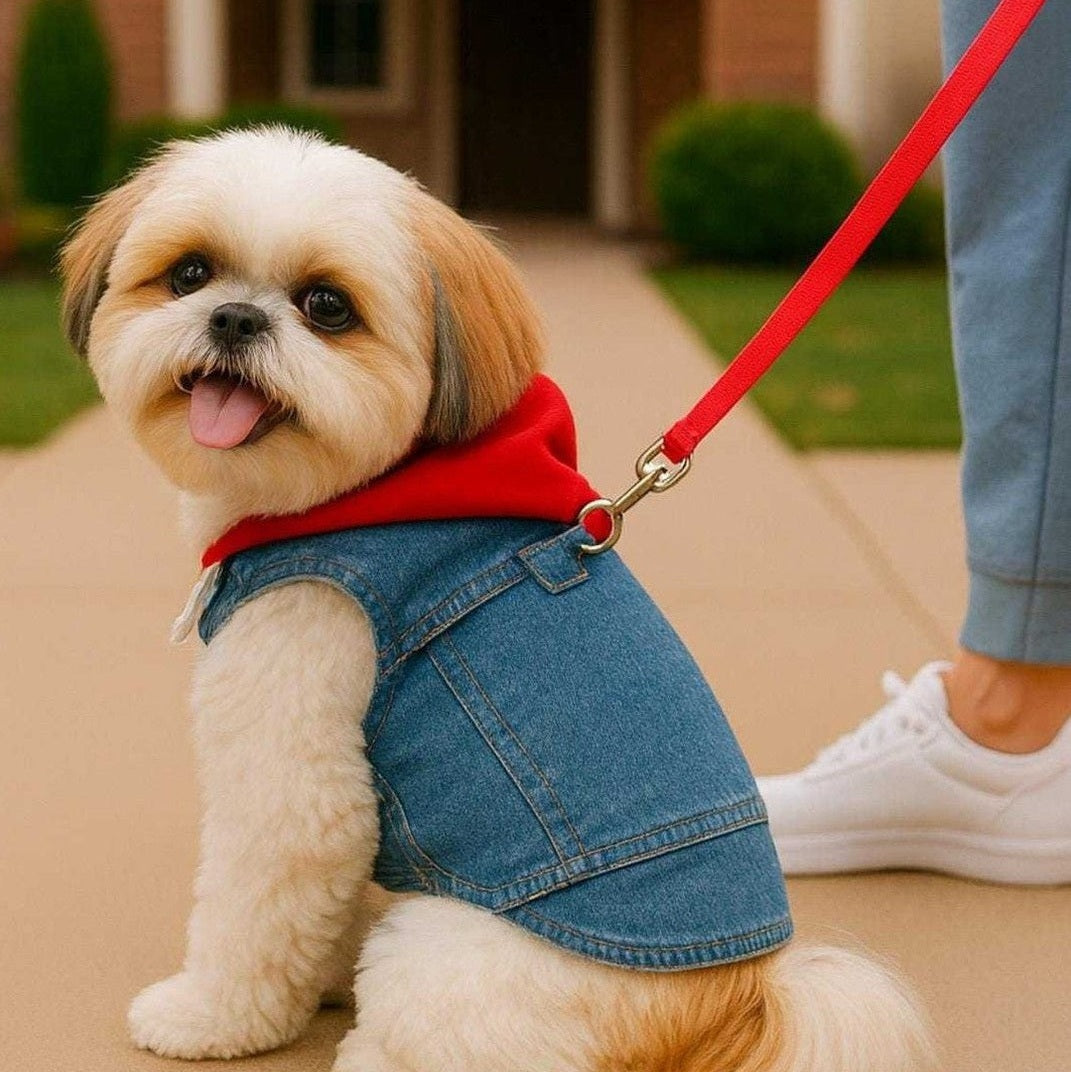 Small dog wearing denim dog hoodie with built-in D-ring harness and red hood on leash outdoors