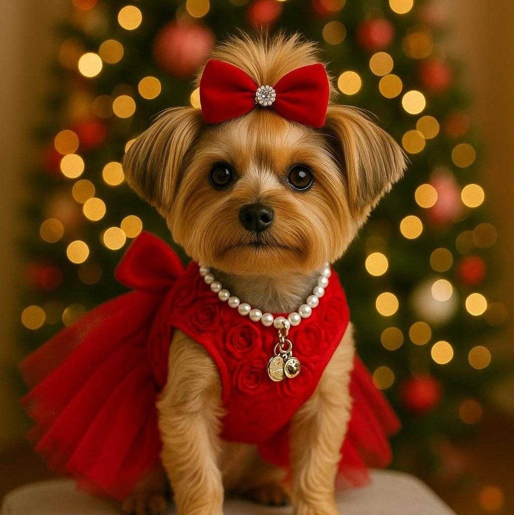 Small dog wearing festive red tulle pet dress with 3D rose bodice and satin bow in front of Christmas tree