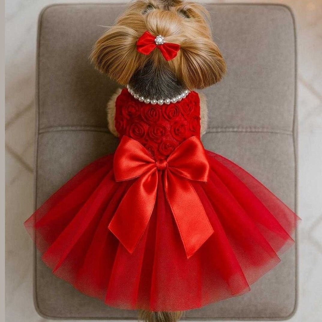 Back view of Red Tulle Pet Dress showing satin bow and layered tulle skirt.