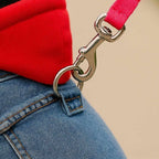 Close-up of D-ring harness on soft fleece dog hoodie