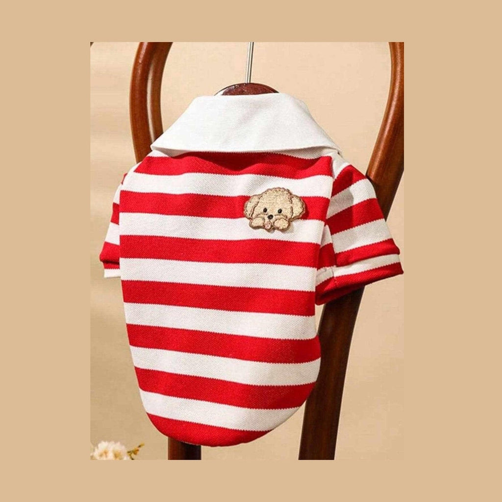 Red and white striped shirt with a teddy bear design on a wooden chair.
