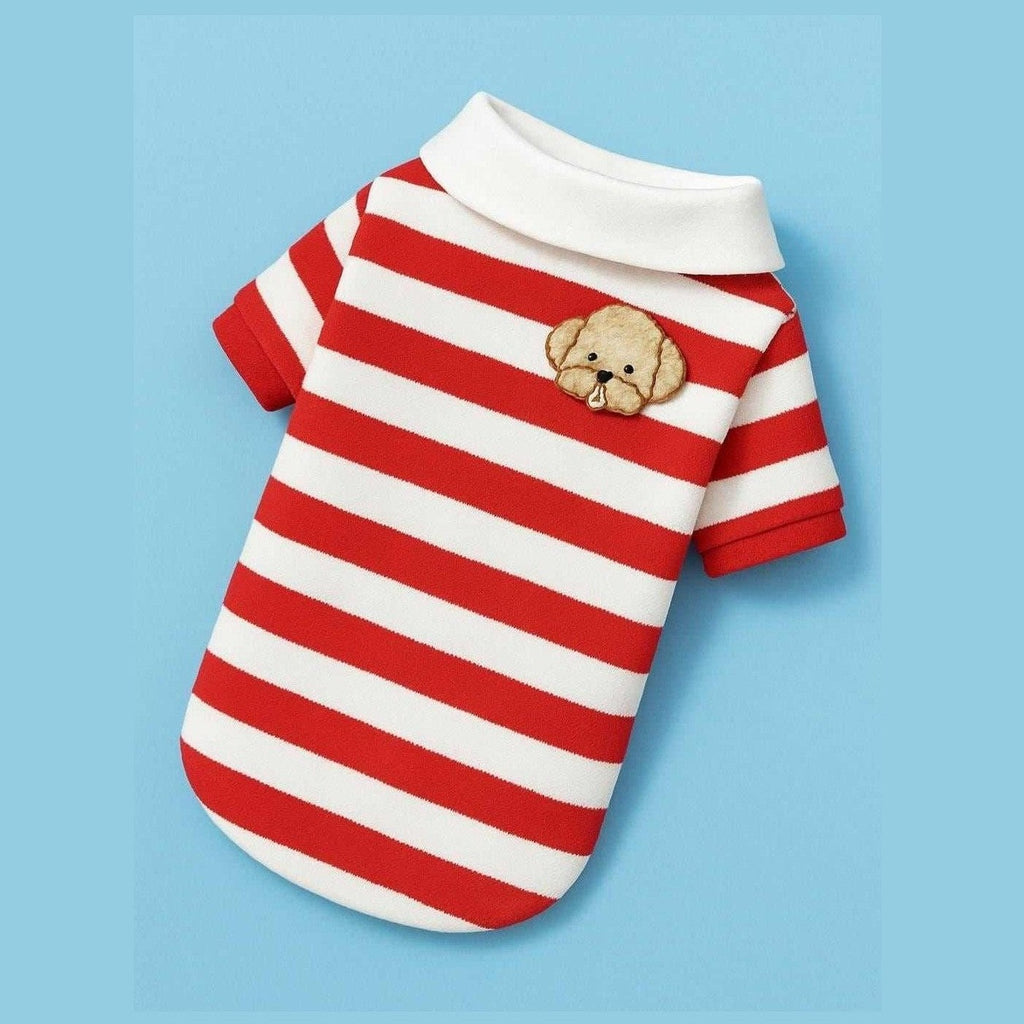 Back view of red striped dog polo with embroidered puppy patch