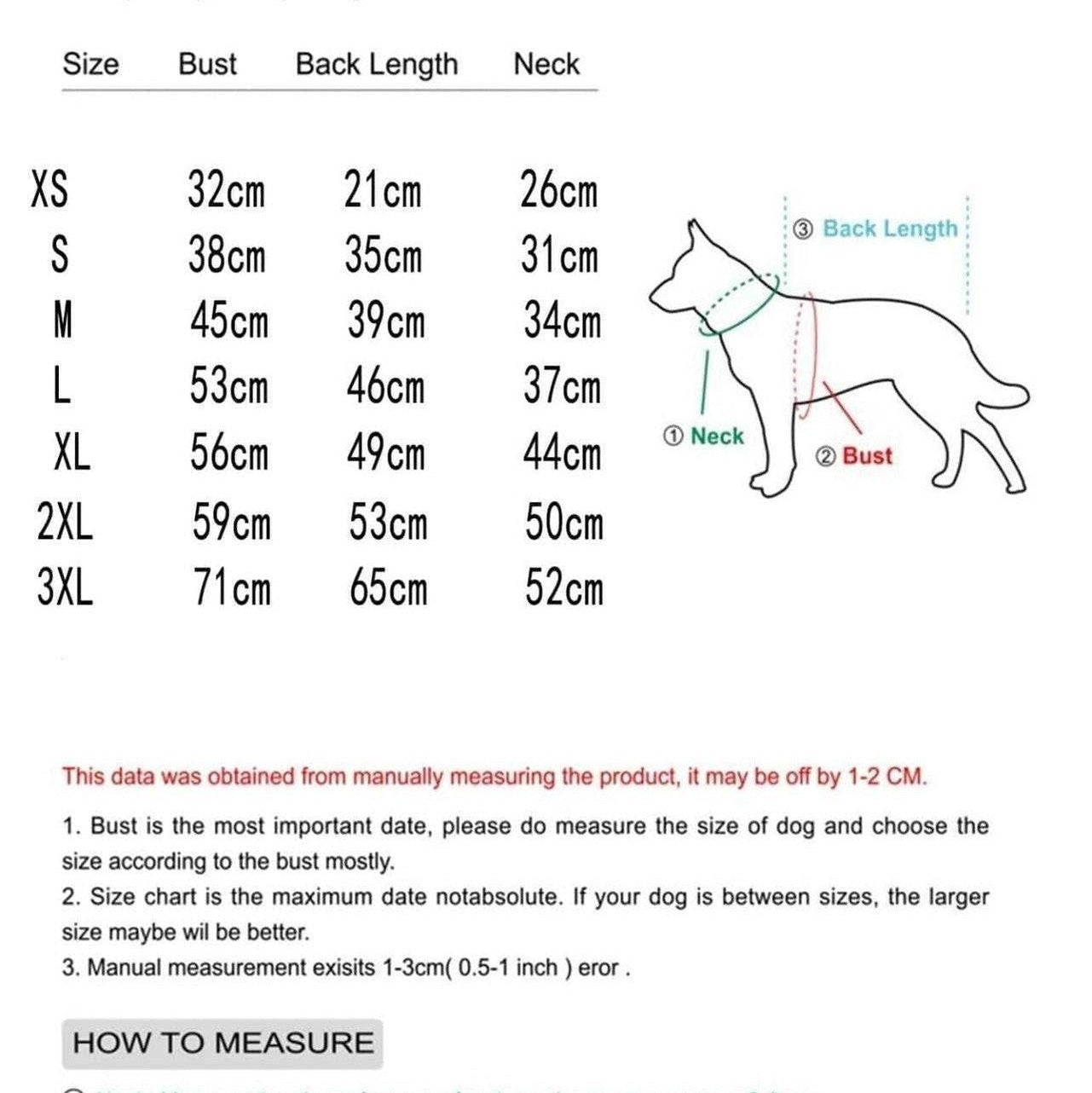 Size chart for brown quilted dog jacket from XS to L