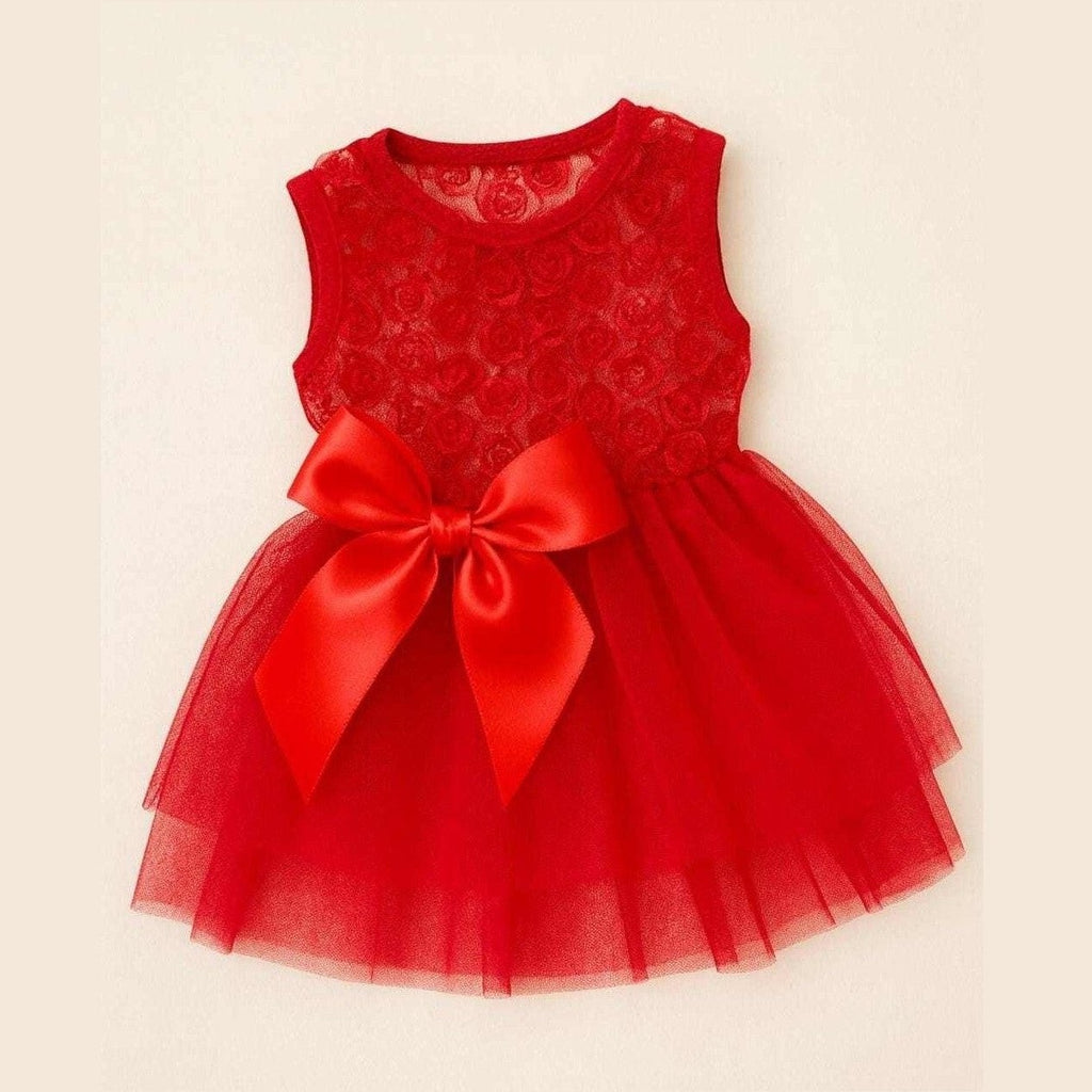 Close-up of 3D rose bodice and satin bow on Red Tulle Pet Dress.