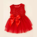Close-up of 3D rose bodice and satin bow on Red Tulle Pet Dress.