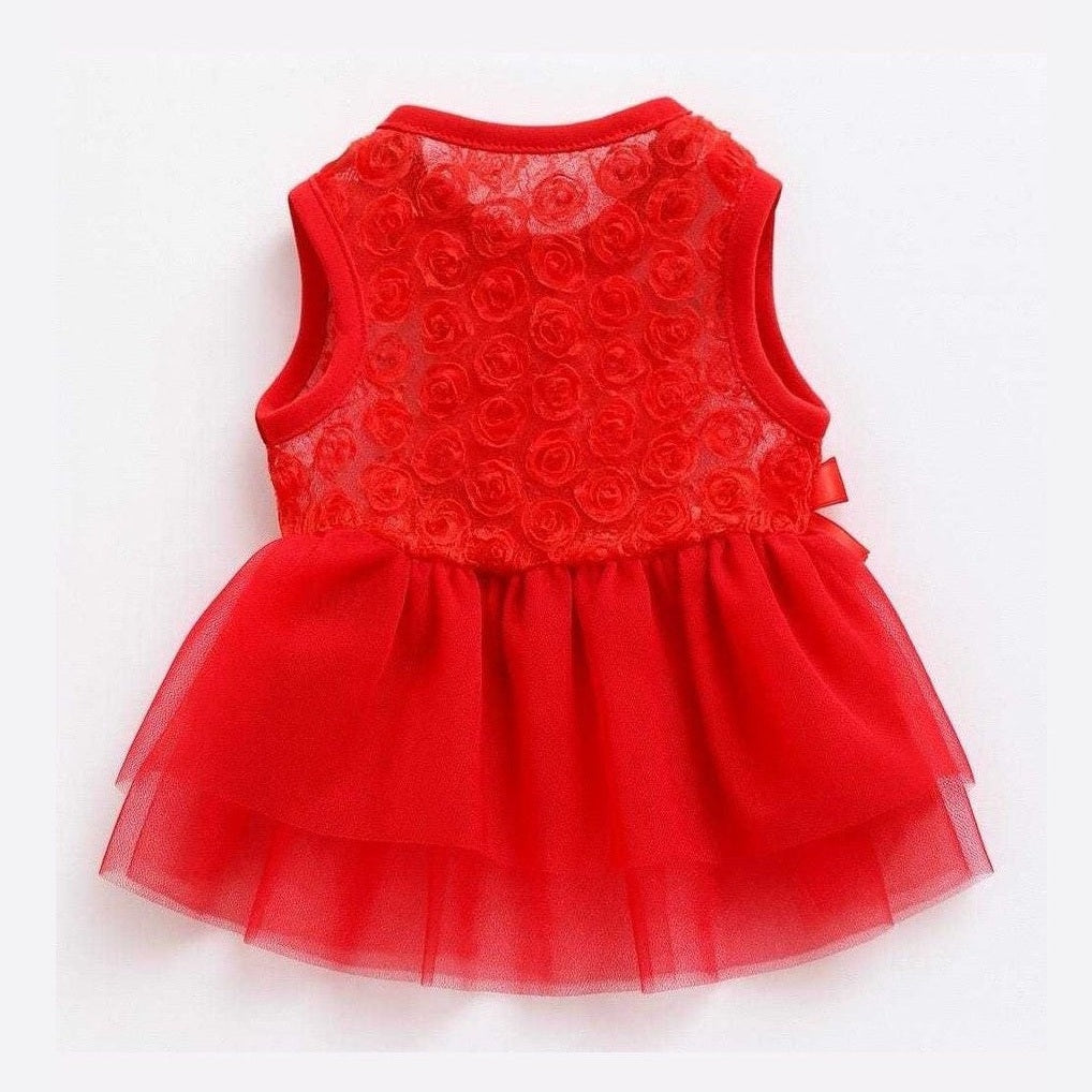 Front view of Red Tulle Pet Dress with 3D rose bodice for small and medium dogs.
