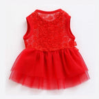 Front view of Red Tulle Pet Dress with 3D rose bodice for small and medium dogs.