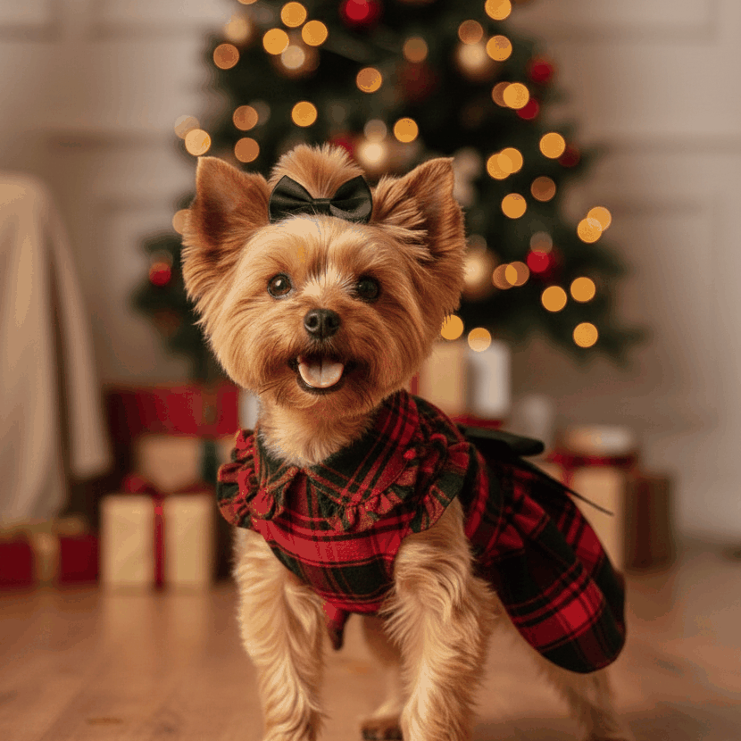 Small dog wearing a red plaid dog dress with black satin bow in festive Christmas setting