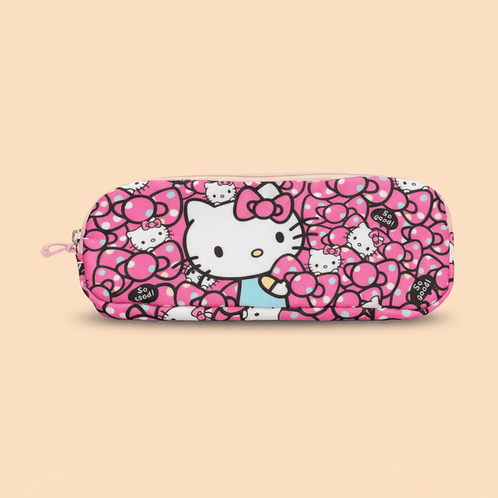 Hello Kitty pink pencil case with bow pattern for school supplies on peach background