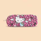 Hello Kitty pink pencil case with bow pattern for school supplies on peach background