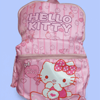 Hello Kitty pink backpack front view with HELLO KITTY text, large Hello Kitty face and bow pattern on periwinkle blue background