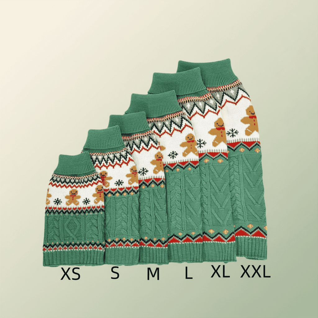 Green gingerbread dog sweater showing all sizes XS to XXL with cable knit pattern and gingerbread men design on cream sage background