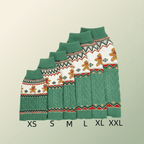 Green gingerbread dog sweater showing all sizes XS to XXL with cable knit pattern and gingerbread men design on cream sage background