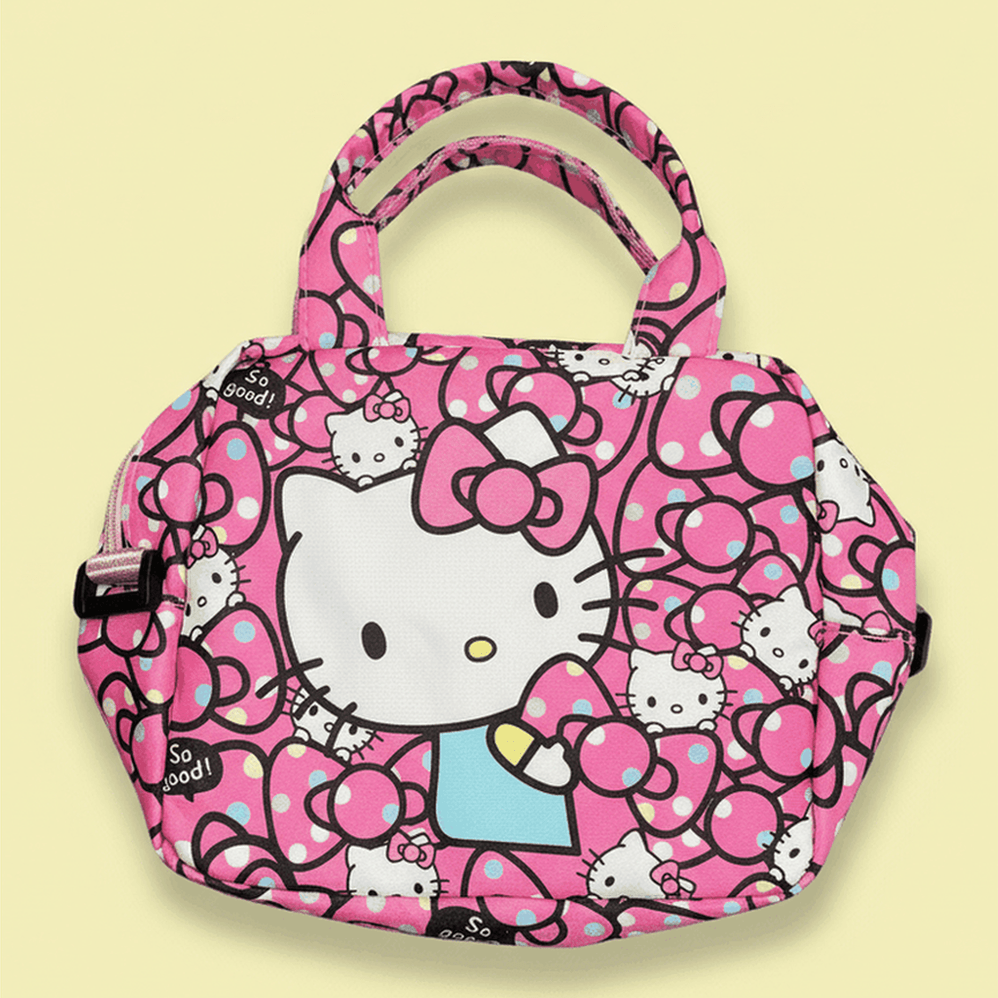 Insulated Hello Kitty lunch bag with large Hello Kitty face and bow pattern on yellow background