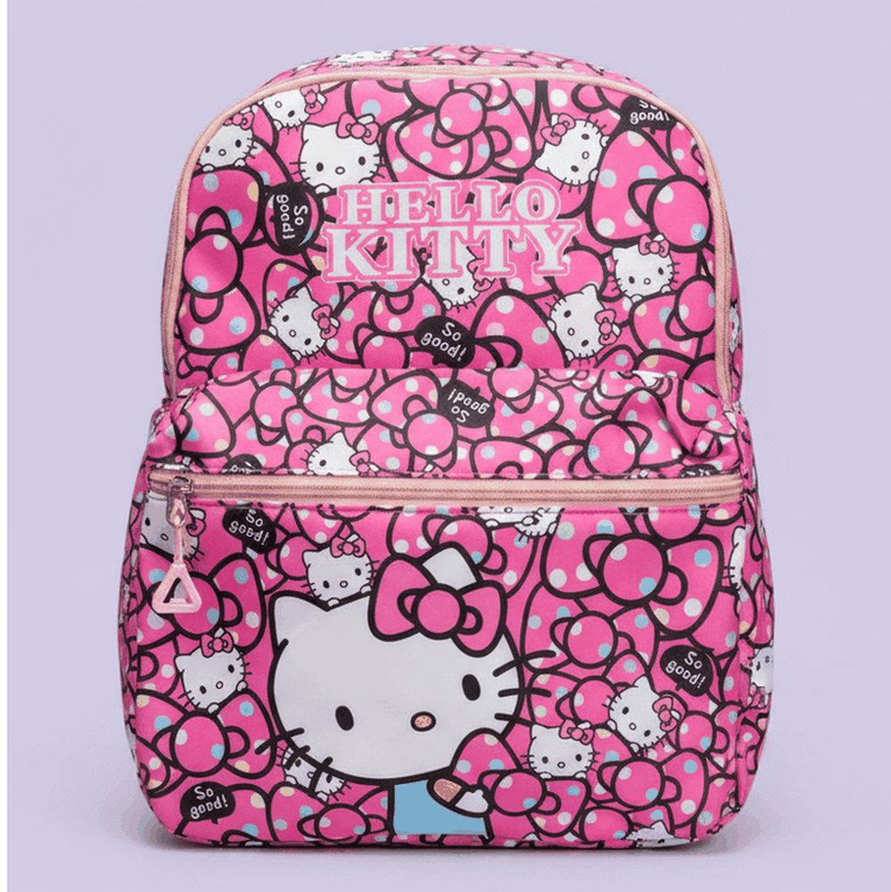 Official Sanrio Hello Kitty backpack front view with HELLO KITTY text and bow pattern on lavender background