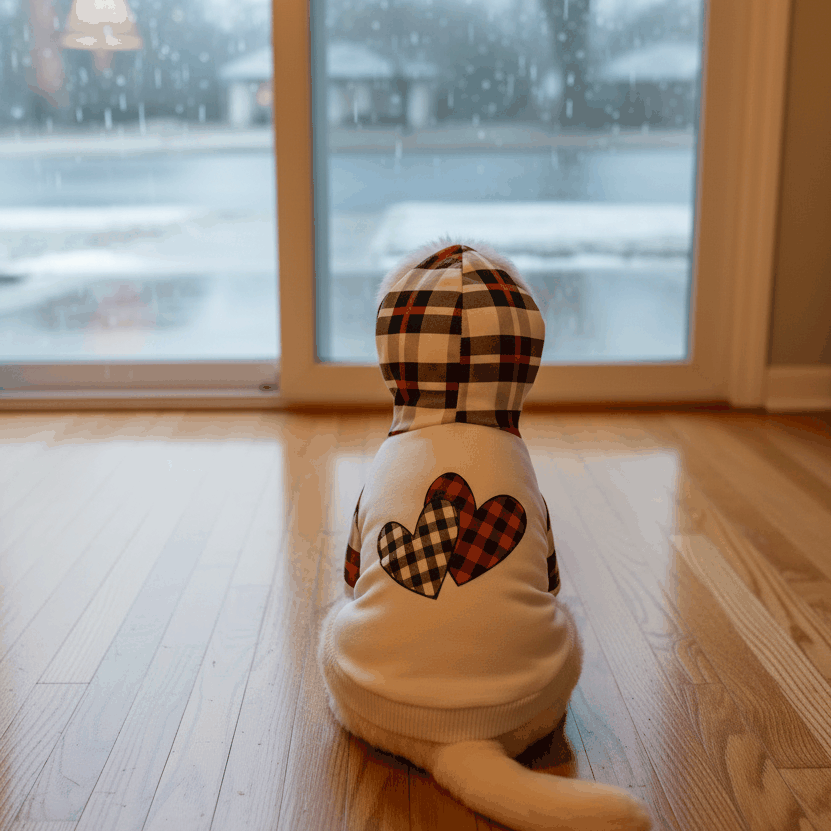 White dog wearing plaid hearts hoodie looking out window on rainy day - cozy lifestyle pet photography