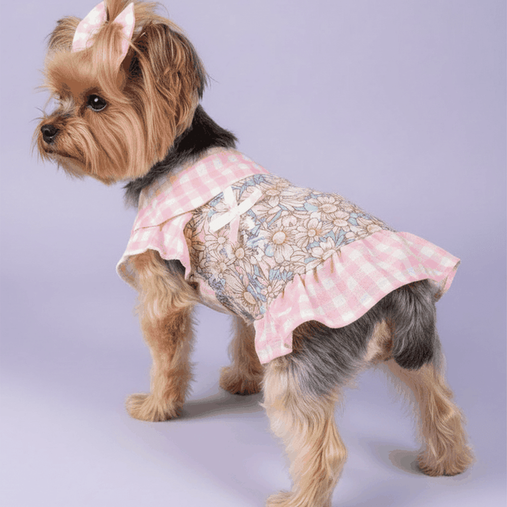 Pink Gingham Floral Dog Dress - Yorkie side view with minimal tail