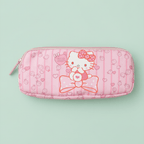 Hello Kitty pink pencil case with large Hello Kitty face, polka dot bow and rose gold zipper on mint green background