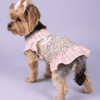 Pink Gingham Floral Dog Dress - Yorkie with bow headband detail
