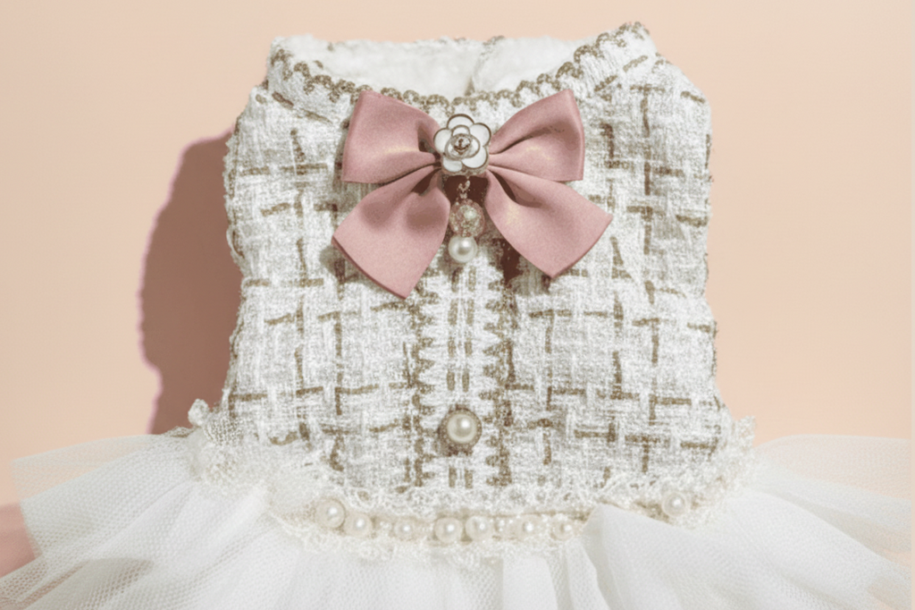White Chanel-style tweed dog dress flat lay showing luxury fabric with pearl buttons and gold chain detail