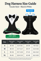 Black and white tuxedo dog harness size guide showing chest girth on the front and neck girth on the back, with size ranges S through XL