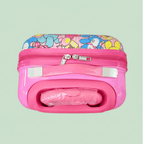 Side view of pink Hello Kitty rolling suitcase with teddy bear pattern and ribbed shell on mint green background