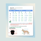 Dog sweater size chart showing measurements for chest, back length and weight in CM and inches for XS to XXL