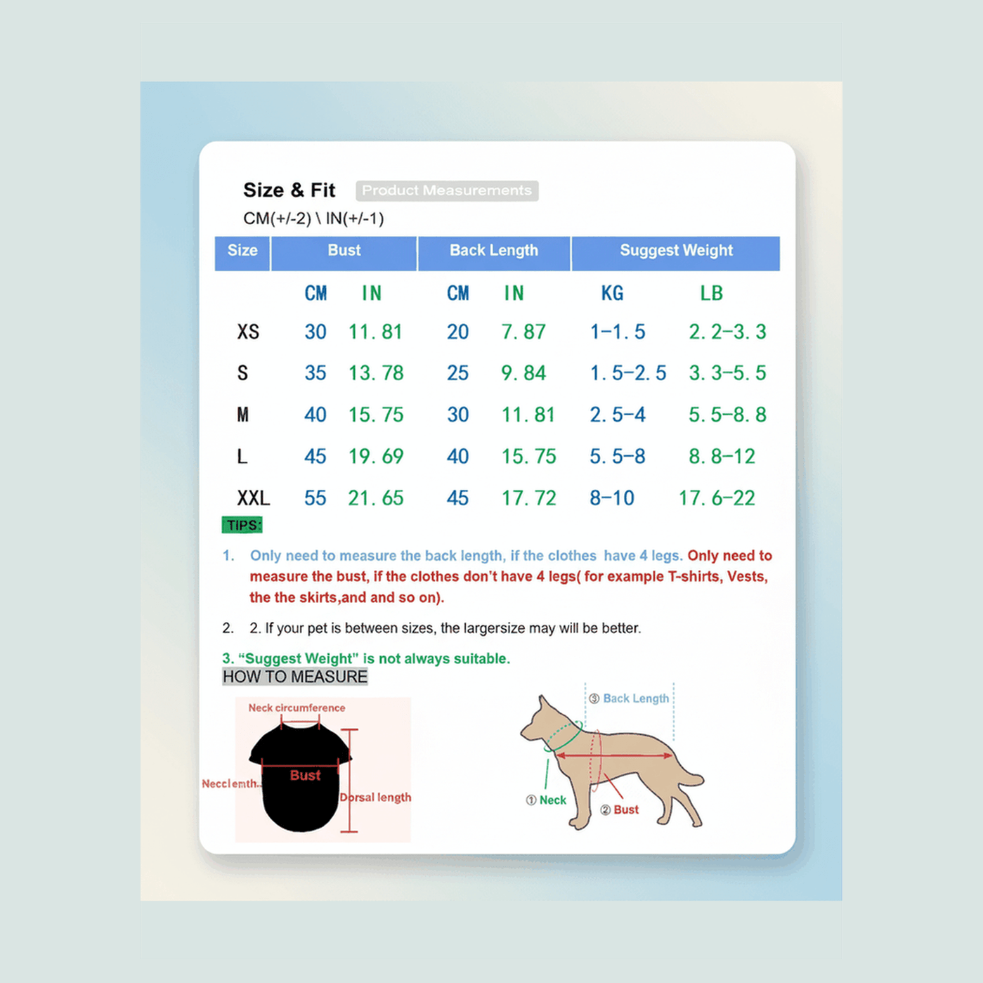 Dog sweater size chart showing measurements for chest, back length and weight in CM and inches for XS to XXL