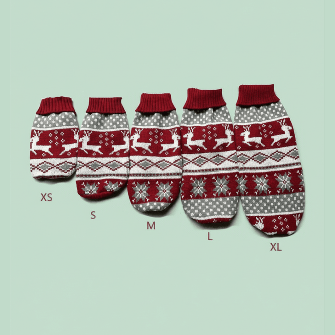 Red and grey reindeer knit dog sweater with turtleneck pullover for small to XL dogs on mint green background