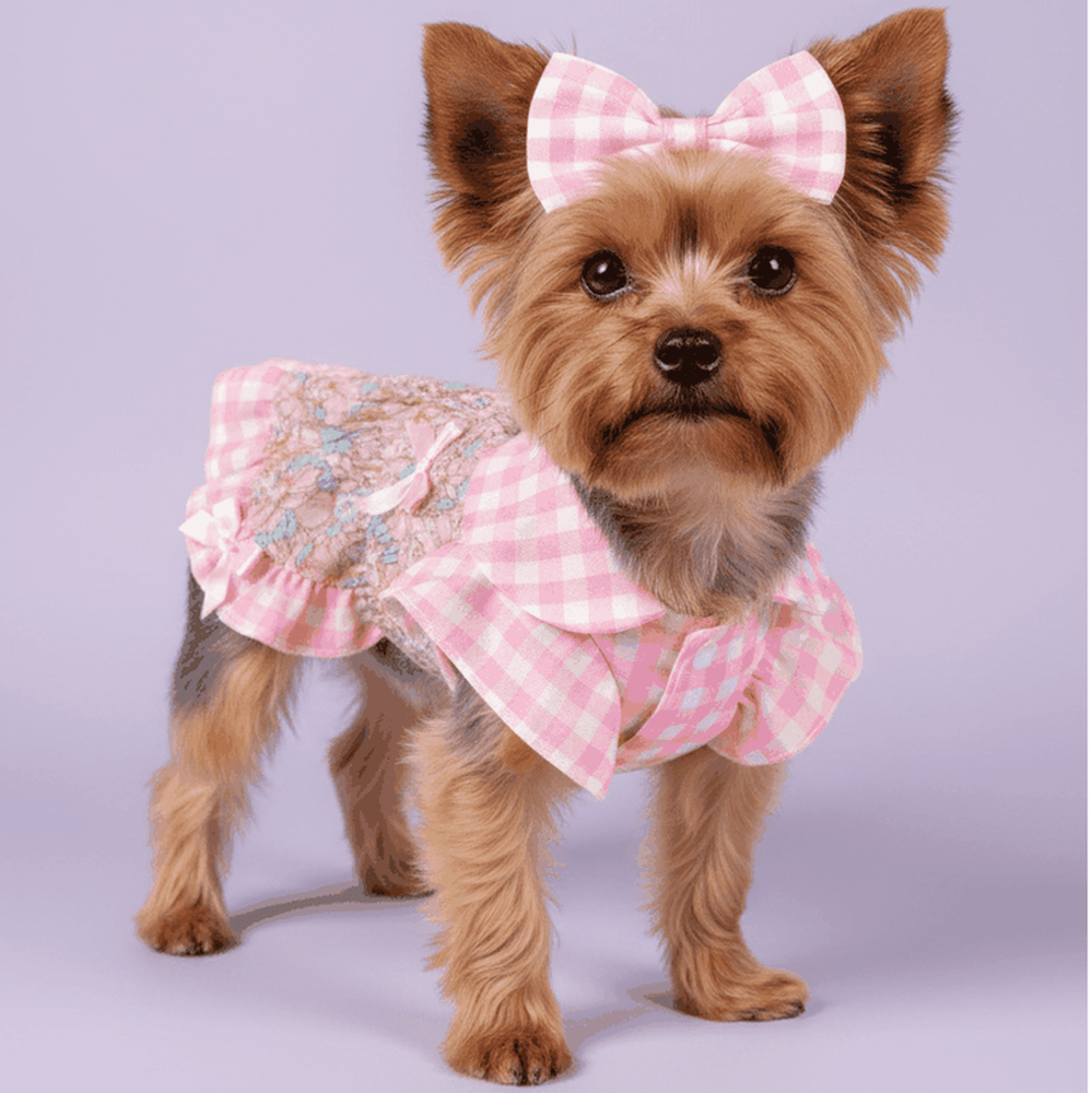 Pink Gingham Floral Dog Dress - Yorkie front view with pastel background