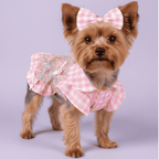 Pink Gingham Floral Dog Dress - Yorkie front view with pastel background