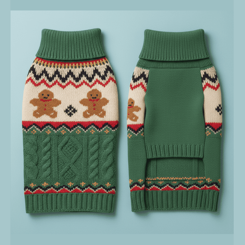 Green gingerbread dog sweater flat lay showing front and back view with cable knit and Fair Isle pattern on powder blue background