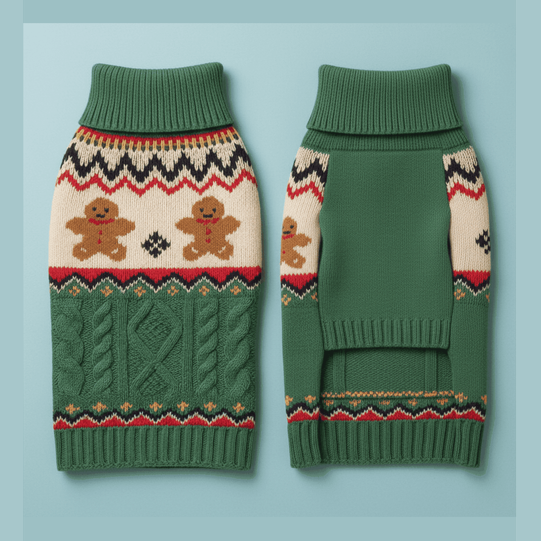 Green gingerbread dog sweater flat lay showing front and back view with cable knit and Fair Isle pattern on powder blue background