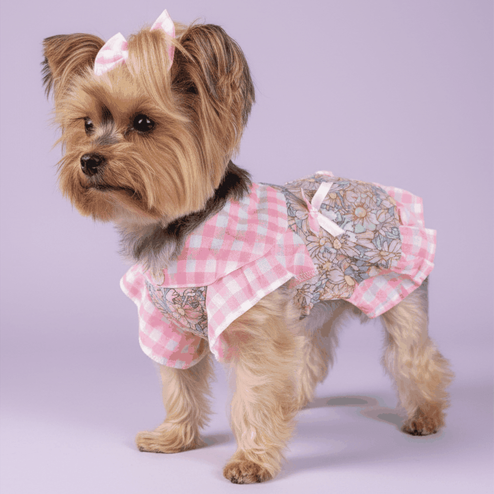 Pink Gingham Floral Dog Dress - Yorkie showing floral back panel