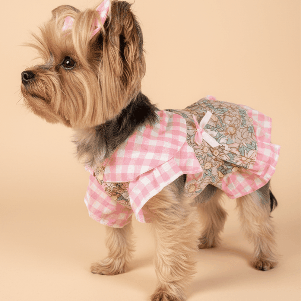 Pink Gingham Floral Dog Dress - Yorkie side profile view