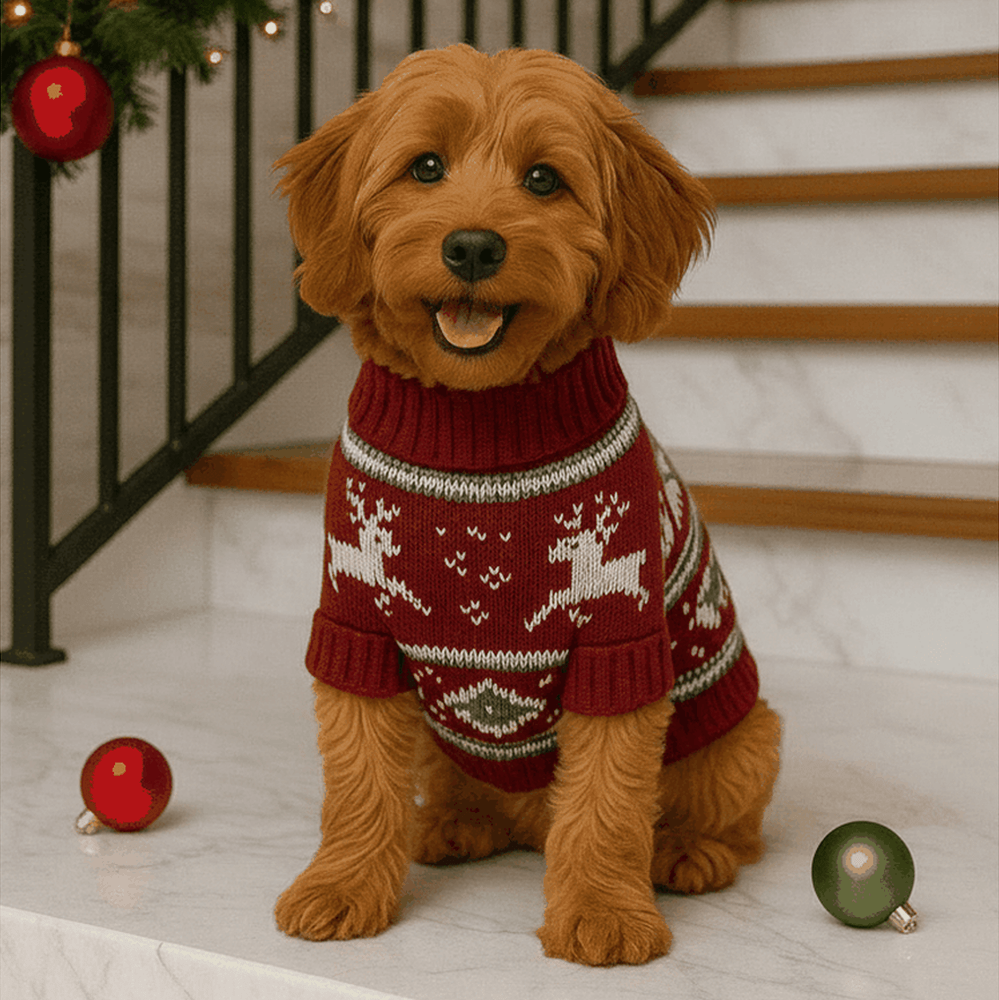 Small dog wearing red and grey reindeer knit dog sweater with turtleneck by holiday-decorated stairs with ornaments