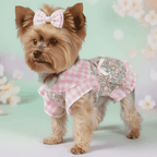 Pink Gingham Floral Dog Dress - Spring themed background showcasing floral details