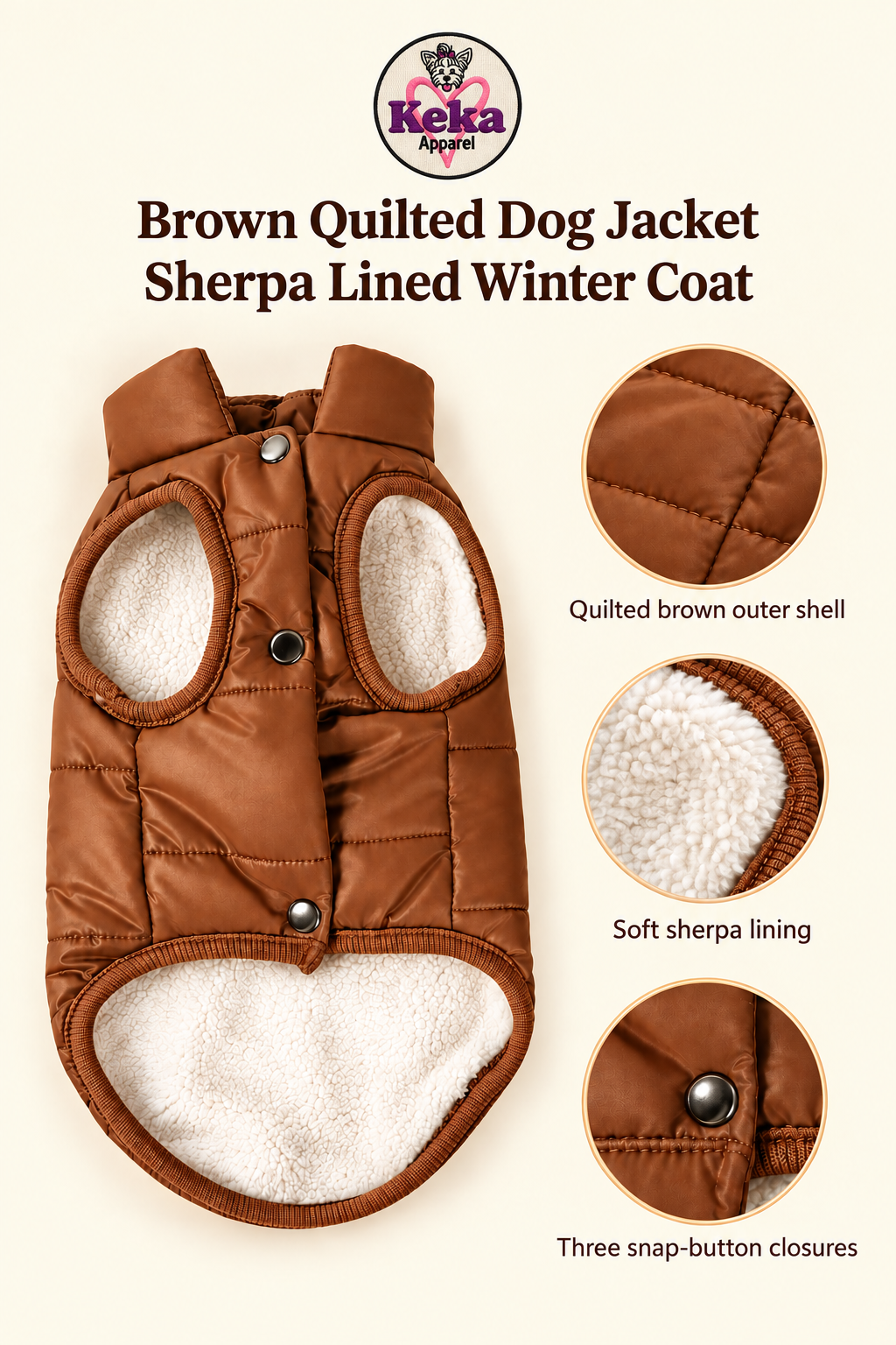 Brown quilted dog jacket infographic showing the quilted outer shell, sherpa lining and snap-button closures with Keka Apparel logo
